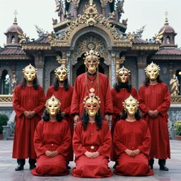 photo group portrait of members of esoteric cult in front of a mystic temple, ektachrome, wear red tunics and mask made of gold and jewels
