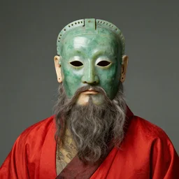 portrait of a man in ancient green jade mask of old man with beard and red mantle, carl spitzweg,