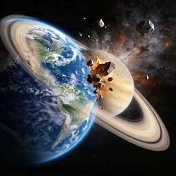earth and saturn collide, crash, rock rubble, space, cosmic destruction