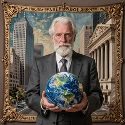 ornate tapestry of an old white man holding planet earth in a suit with wall street skyscrapers behind him, award winning, octane render, 4k, 8k, unreal 5, very detailed