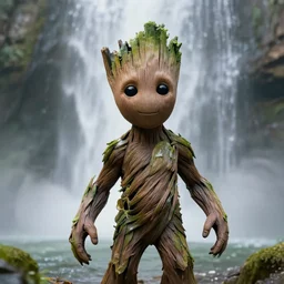 photorealistic wide shot focus portrait of Groot, under waterfall, bokeh, octane render, unreal engine 4k, volumetric lighting, fog, detailed