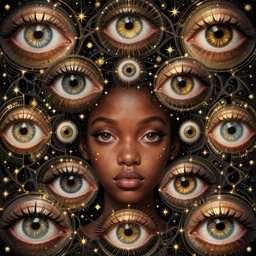 eyes!! a black girl!! with many eyes!, surreal art by colin christian and junji ito and mc escher and ian miller, faberge eyes, trypophobia! eyes, eyes everywhere, symmetry, eyes!, homicidal eyes, ( hypnotic optical illusion )!, black and gold, chet zar, highly detailed, infinite intricacy