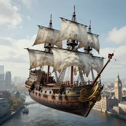 photography of a highly detailed ghost pirate ship flying in the sky. london in background. intricate, overview, hyper realism, professional digital art, unreal engine 5, 8 k render, sharp focus, trending on art station.