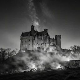 a beautiful double exposure of an astronomy photo of the day, and a landscape photo of an ancient castle with fires burning, smoke, mists, mystical, ghostly, black and white photo