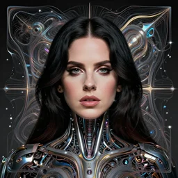 portrait of lana del rey as a cyborg. intricate abstract. intricate artwork, by tooth wu, wlop, beeple, dan mumford. concept art, octane render, trending on artstation, greg rutkowski very coherent symmetrical artwork. cinematic, key art, hyper realism, high detail, octane render, 8 k, iridescent accents