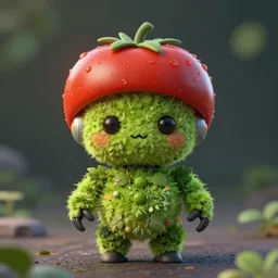 cute robot made of plants wearing tomato hat, made in abyss style