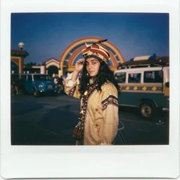 Polaroid photo of a Khajiit caravanner, 1960's, Summer of Love