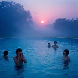 crying people, vintage swimming pools, lush fog, deep blue mood, colorful, sunrise, contemporary archival color photograph print from the original negative, by stanley kubrick