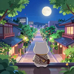 a vibrant dream of a funny nendroidl wearing gucci from behind on a balcony looking out over a dreamy street in kyoto japan, lush plants, the moon is big an in the city, glowing paper lanterns, high fashion, magic details, by matt groening, moebius, edward hopper, james gilleard, james jean, hd, 8 k, trending on artstation, uhd,