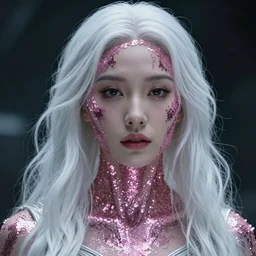 hyper - realistic photo portrait of a woman english woman warrior of the future, face in pink sequins, long white hair, atmosphere from movies : space odyssey, blade runner, alien cinematic,