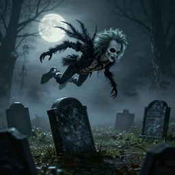 dark fantasy, beetlejuice flying out of grave in cemetery, foggy moonlit night, cinematic, true color, textured 3 d, intense detail, hyperealism, 4 k