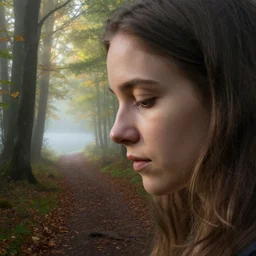 a double exposure of a beautiful extreme close up side view portrait of a mystical young woman looking down, with a landscape photo of an autumn misty morning forest, forest trail, lake, dappled light, sun rays, green and brown tones
