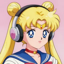 An anime character's head wearing retro headphones. 90s anime, Sailor Moon, Neon Genesis, official art, flat cell shading, fantastic screenshot art, trending on artstation