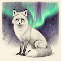 a pencil drawing of a auroral cosmic hyperspace fox griffon settling its nest and clutch of fluffy eggs, still life painting on rough gouache canvas