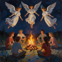 angels in the sky looking down on earth at 6 people around a campfire at night, oil paint on canvas