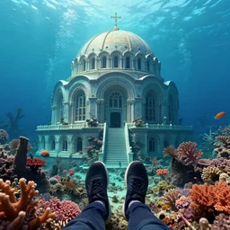 a beautiful first person perspective digital illustration of a domed underwater city on a vibrant coral reef by beeple | Byzantine architecture | cinematic | unreal engine | octane | photorealistic |