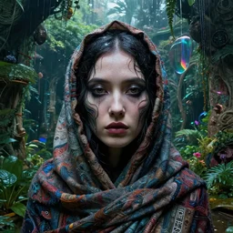 detailed face of a woman clothed wrapped in textiles, lush, opulent, walled garden, utopian, tech noir, wet reflections, prism, atmospheric, ambient, pj crook, syd mead, livia prima, artgerm, greg rutkowski, nick alm, casey baugh