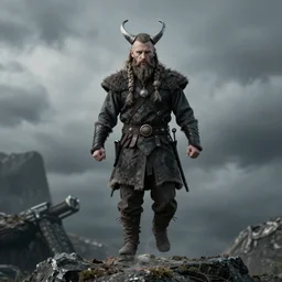 viking skulle with braided beard hovering in the air facing forwards