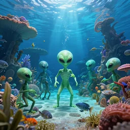 aliens of different kinds playing in an amazing underwater amusement park, photorealistic, detailed