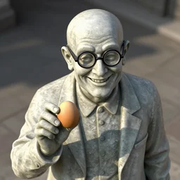statue of a smiling bald man wearing round glasses, holding a scotch egg, daytime, high camera angle, volumetric lighting