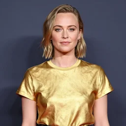 Alicia Vikander wearing a gold t-shirt