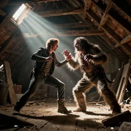 ash williams fighting off the crites from critters movie in an old wooden attic, splash art, movie still, horror movie dynamic lighting, sun rays beams from holes in wood, dramatic, octane render, long lens, shallow depth of field, anamorphic lens flare, 8 k, hyper detailed, 3 5 mm film grain