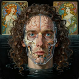 realistic extremely detailed portrait painting of an average man with exposed clear plastic brain case and long curly hair, retro futuristic ,floating in black water , byJean Delville, Amano, Yves Tanguy, Alphonse Mucha, Ernst Haeckel,  Roger Dean, and greg rutkowski and alphonse mucha, rich moody colors, blue eyes,octane render,4k,f32,