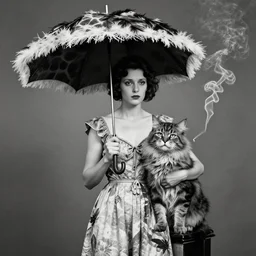 photographic portrait max ernst sad woman giraffe feathers, wearing a summer dress, holding an umbrella and a giant cat, spiraling cigarette smoke, editorial