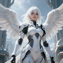 perfect white haired girl, warframe armor, beautiful, dreamy, half asian, pretty face, blue eyes, detailed, windy weather, scifi, angel wings, utopian architecture, laboratory, 4 k, ultra realistic, epic lighting, cinematic, high detail, masterpiece, art by akihito tsukushi, akasuki voidstar