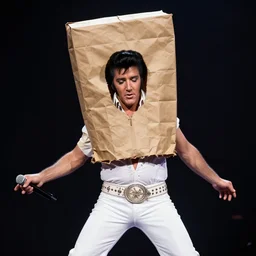 a photo of elvis presley wearing a brown paper bag. performing on stage. paper bag performance