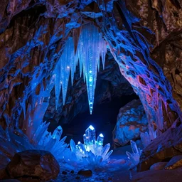 photography by marc adamus, interior of a cave, frozen, shining crystals, vibrant lighting, neon blue, beautiful