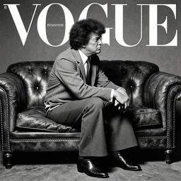 donald trump with afro wearing 1 9 7 0 s bellbottoms clothing, black and white, full body profile, sitting on vintage leather sofa, vogue cover, dramatic lighting