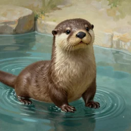 anthropomorphic otter in a greek art style sitting in a pool of water, traditional painting, soft lighting, beautiful