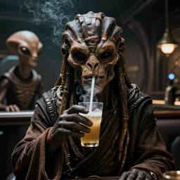 still of a rodian having a drink with another alien in the mos eisley cantina in Star Wars 1977. symetric face. smoke. dark mood. latex mask.
