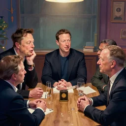 scene of elon musk, mark zuckerberg, jeff bezos, in meeting together, very detailed, art contest winner on behance, trendy on deviant art, by artgem, greg rutkowski