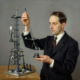 marcel duchamp holding up a chess - piece wire - machine, a surrealist painting by marcel duchamp, complex artificial - intelligence machinery, flickr contest winner, studio portrait, 1 9 2 0 s