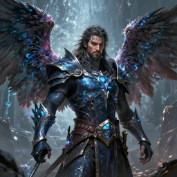 An epic fantastic realism comic book style portrait painting of an aasimar hexblade warlock, male, massive angel wings, petrol energy, long shaggy hair, short beard, D&D Concept Art, unreal 5, DAZ, hyperrealistic, octane render, cosplay, RPG portrait, dynamic lighting