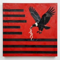 canvas coated with red paint, black stripes, bird flying out of water, vulture, carrying intestines in beak, matte paint, alberto seveso
