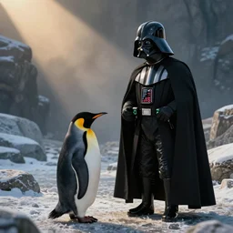 darth vader talking with a penguin
