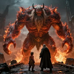 movie still, huge balrog fighting normal sized gandalf at the bridge of khazad - dum, style of h. r. giger, fiery, dark, realistic movie still, cinematic, cgi,