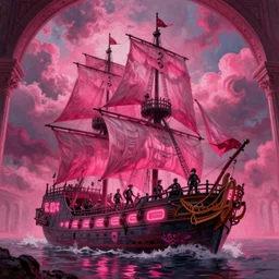 pink underground, pirate neon ship with punks on board, mohawks, neon, oil painting, pink, rich deep colors masterpiece, ultra detailed, contrast, heaven pink, lots of roman arches, punk rock with mohawks, clouds, sky, volumetric light, atmospheric lighting, dramatic, cinematic, moody, octane render 4 k, 8 k