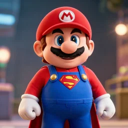 photo body portrait of super mario super mario! as superman in man of steel!, movie still, cinematic lighting, ray tracing, octane render, long lens, shallow depth of field, bokeh, anamorphic lens flare, 8 k, hyper detailed, 3 5 mm film grain
