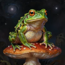 cosmic horror frog sitting on mushroom, full body, hyper realistic, extremely detailed, dnd character art portrait, dark fantasy art, intricate fantasy painting, dramatic lighting, vivid colors, deviantart, artstation, by h. r. giger
