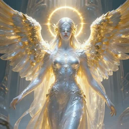 beautiful cinematic fantasy poster, sci-fi, semi-transparent, beautiful Archangel with brilliant golden halo and a brilliant alabaster face, brilliant silver filigree, blindfolded eyes eyes, wideshot ultrawide angle epic scale, hybrid from The Elden Ring and art direction by Darius Zawadzki ;by artgerm; wayne reynolds art station; cinematic quality character render; low angle; ultra high quality model; production quality cinema model;