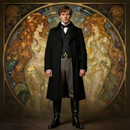 thomas shelby from peaky blinders in the 2 1 st century wearing boots by alfons maria mucha, sophisticated, photoreal, symmetrical portrait, clear facial features, character concept art, cinematic, rembrandt lighting, mood lighting