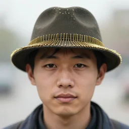 realistic photo of a a blurred face of a common person, dressed in a hat made of a long brass needles, emitting aura 1 9 6 0, life magazine photo, natural colors, metropolitan museum, kodak, 8 k, very detailed, high resolution, product photo,