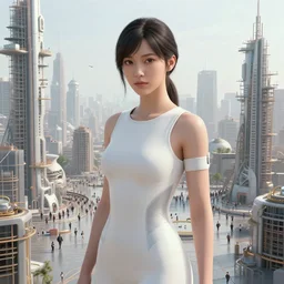 masterpiece concept art, a beautiful highly detailed futuristic lady under the constructions filled of peoples, confident pose, by geof darrow, 8 k, intricate detail, cinematic lighting, red white and black colors