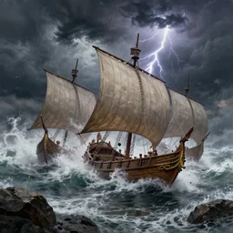 three ancient trojan sailboats, crashing into rocks and shattering in a massive storm, whirlpool, trireme, skiff, wooden sailboats, by greg rutkowski, grim, lightning flashes, sky swirling with black wind, dark sky, dramatic, realistic, detailed, ancient, artstation, artgerm, digital painting