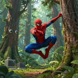 a high resolution highly detailed digital art of spiderman flying in air sticked to a web out of his hand to a tree in a green jungle with large pine trees, pine trees have cute eyes, there are left old computers on the ground, trending on artstation