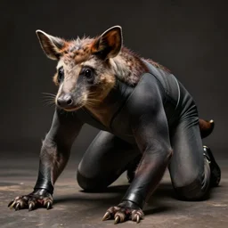 aardvark man crawling on all fours, skin tight suit, hero